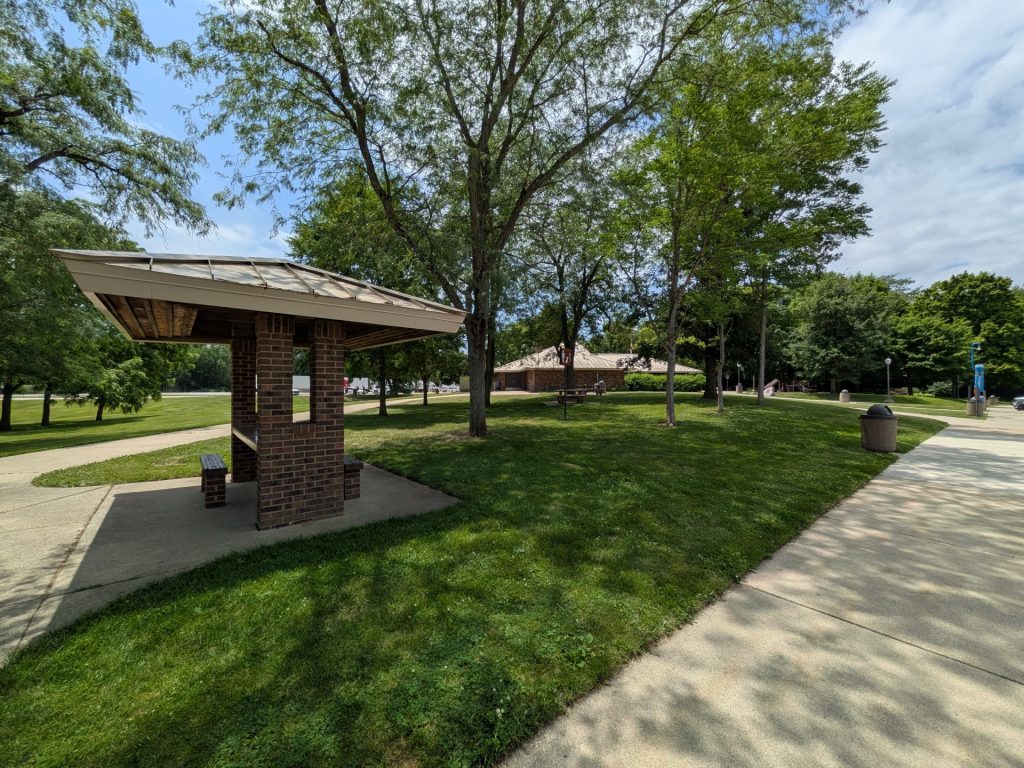 Picnic benches.